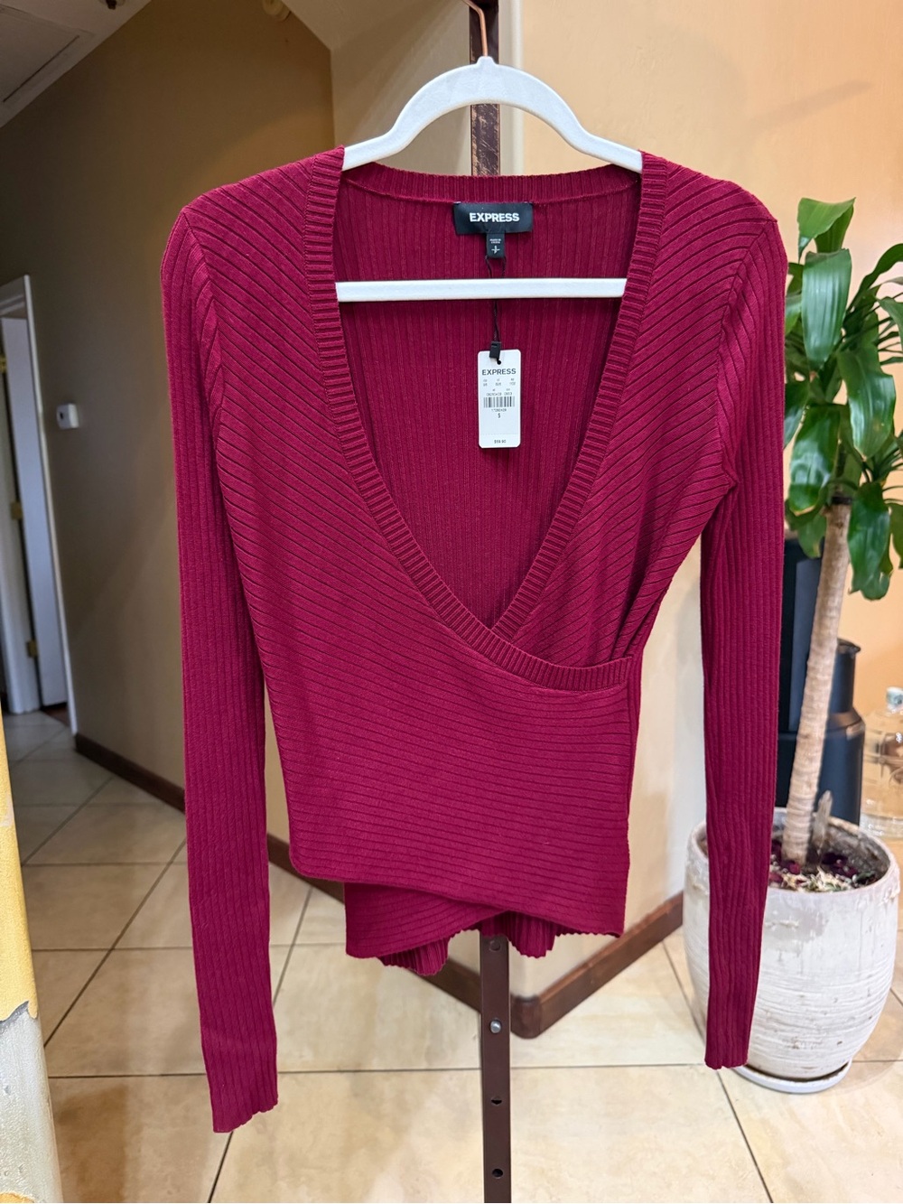 NWT Express Ribbed Wrap-Front Sweater - Wine Red Small